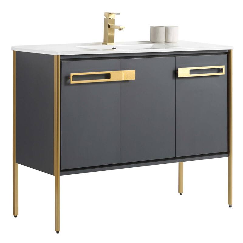 Fine Fixtures Oakville Bathroom Vanity with White Ceramic Sink - 42 Inch - Onix Grey - Satin Brass Hardware