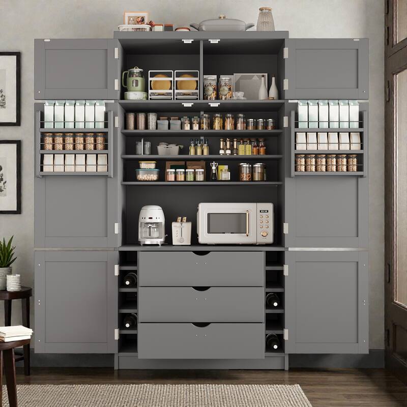 80.1'' Tall Kitchen Pantry Cabinet, Shaker Storage Cupboard w/ Power Outlets, Drawers, Wine Rack, Adjustable Shelves
