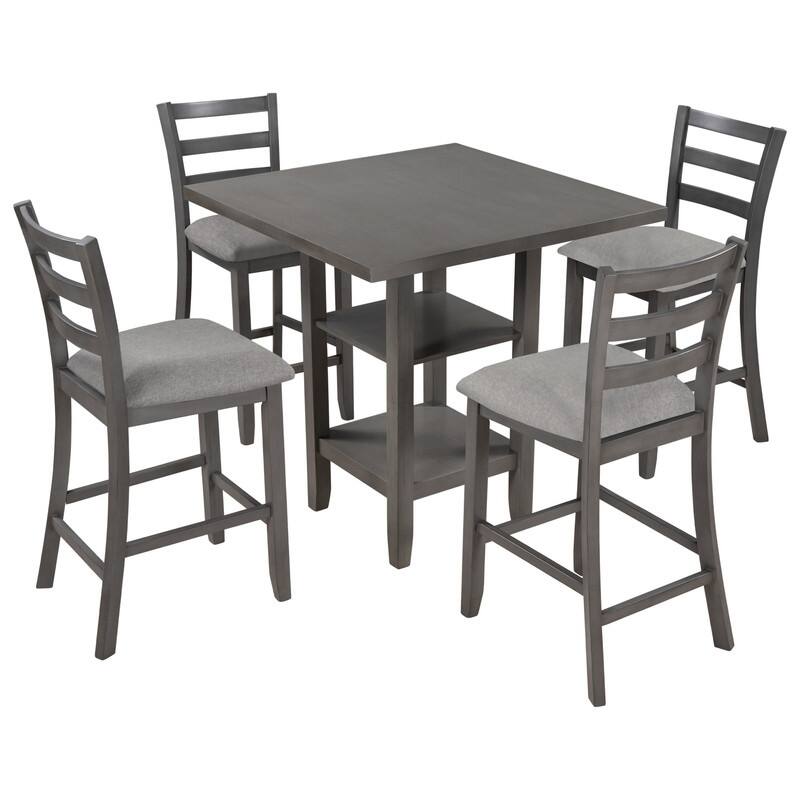 5-Piece Counter Height Dining Set with 2-Tier Storage Shelves and 4 Padded Chairs