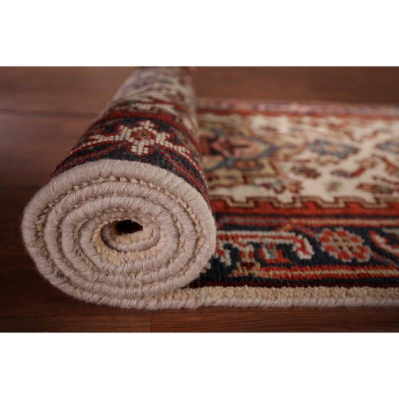 Ivory Geometric Heriz Serapi Oriental Runner Rug Handmade Wool Carpet - 2'7"x 8'1"