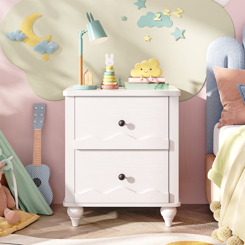 Modern Nightstand with Charging Station, Side End Table with 2 Drawers