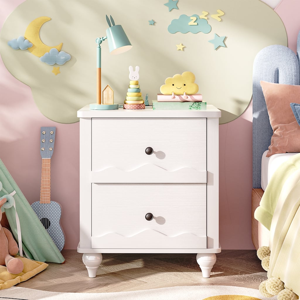 Narill Wave-Inspired Nightstand with Charging Station, Side End Table with 2 Drawers