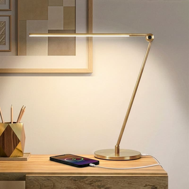 Brightech Libra 39 in. Antique Brass Dimmable LED Industrial Desk Lamp with USB Port and Adjustable Lamp Head