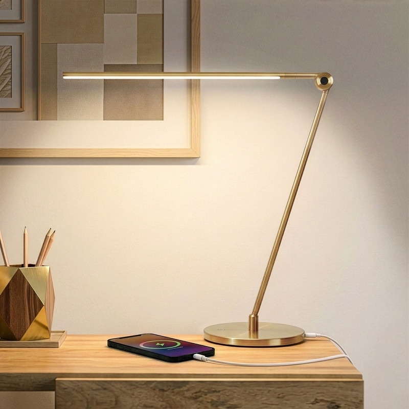 Brightech Libra 39 in. Antique Brass Dimmable LED Industrial Desk Lamp with USB Port and Adjustable Lamp Head