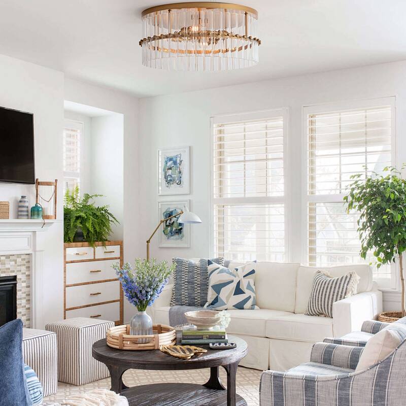 Casandra 18.7" 4-Light Hollow Half-cut Glass Drum Flush Mount - Brushed Brass