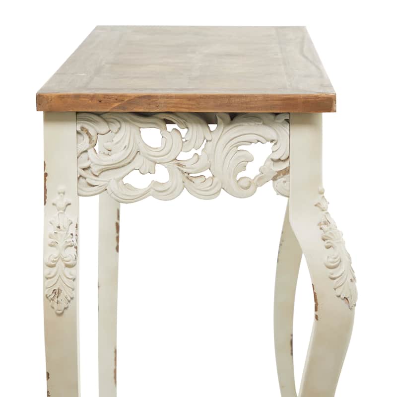 Wood Scroll Intricately Carved Console Table with Brown Wood Top - White - Roche River Decor - 15"Wx46"Lx30"H