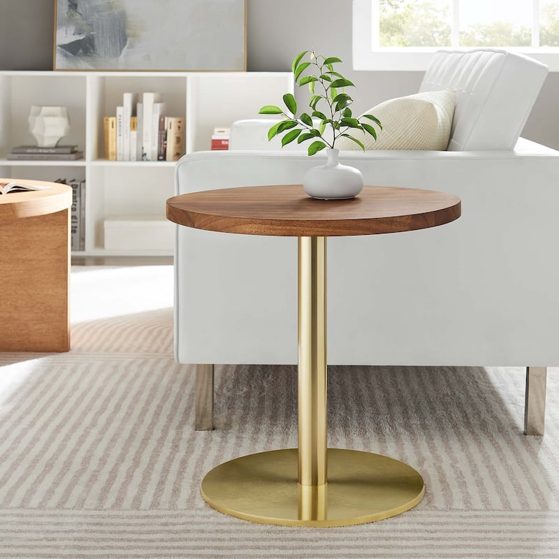 Viva Round White Marble Side Table - Brass Oak - Wood