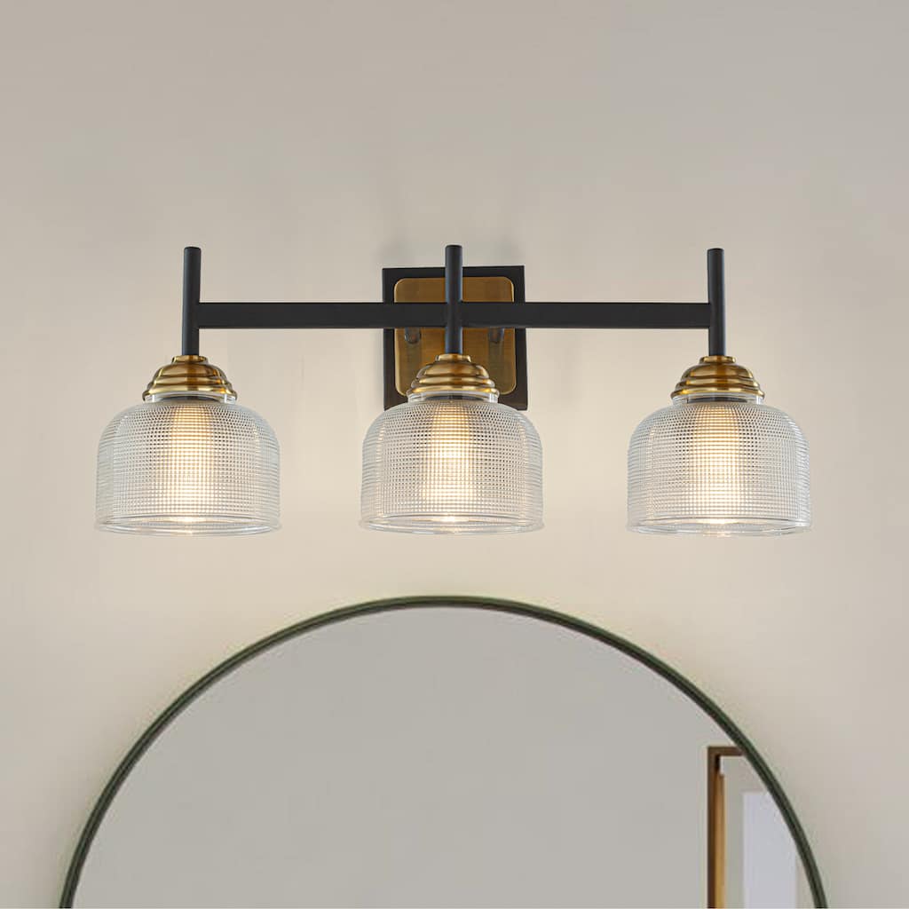 3-Light W22" Contemporary Bathroom Vanity Wall Sconce in Black and Vintage Brass with Dome Shape Clear Ribbed Glass Shade