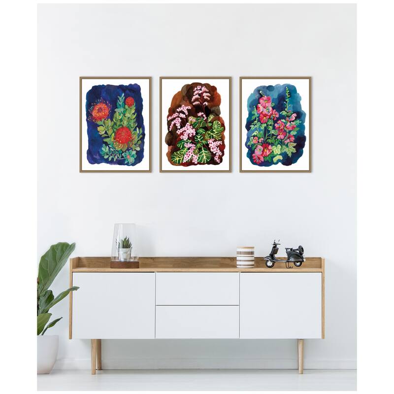 Kate and Laurel Proteas in Blue & Hollyhock 3 Piece Framed Canvas Wall Art Set by Lucia Gianello