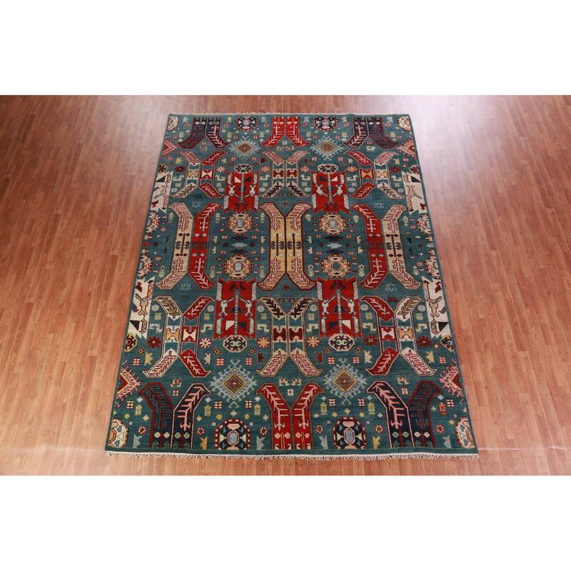 Hand Knotted Oriental 100% Wool Carpet Traditional All-Over Navy Blue & Blues Kazak Area Rug - 12' 1'' X 9' 1''