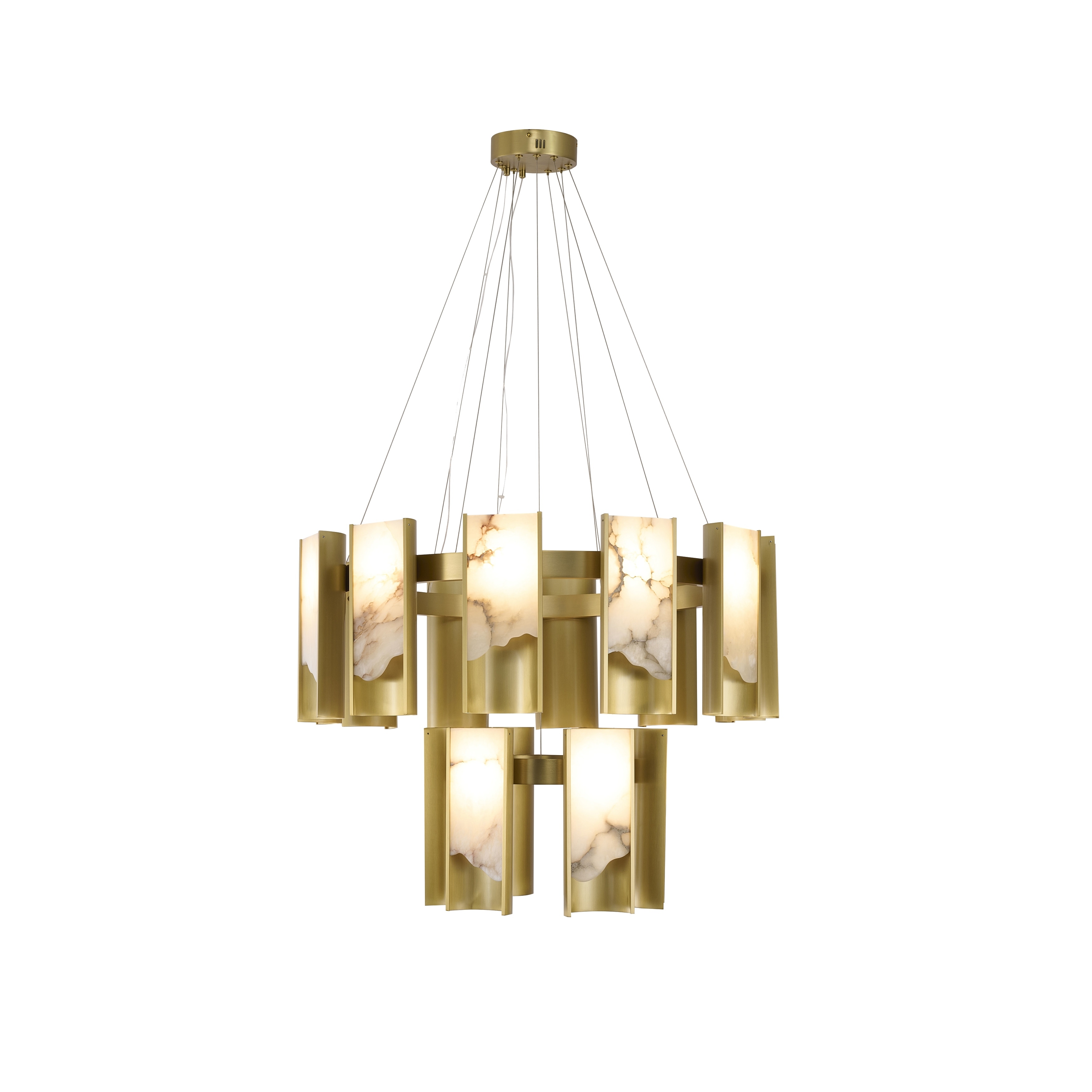 Transitional 18-Light Satin Brass LED Chandelier With White Alabaster