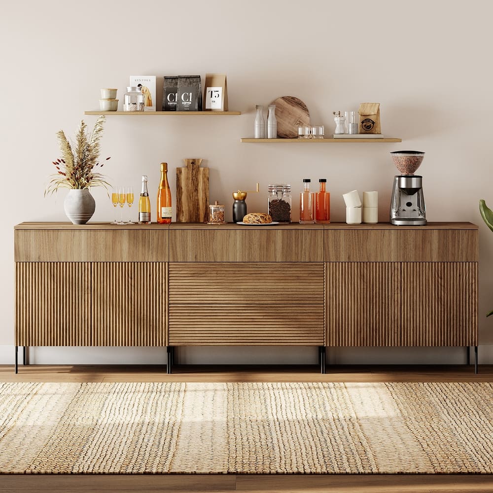 94.5" Modern Reeded Minimalist Sideboard With Doors And Drawers, 3-In-1 Wooden Credenza