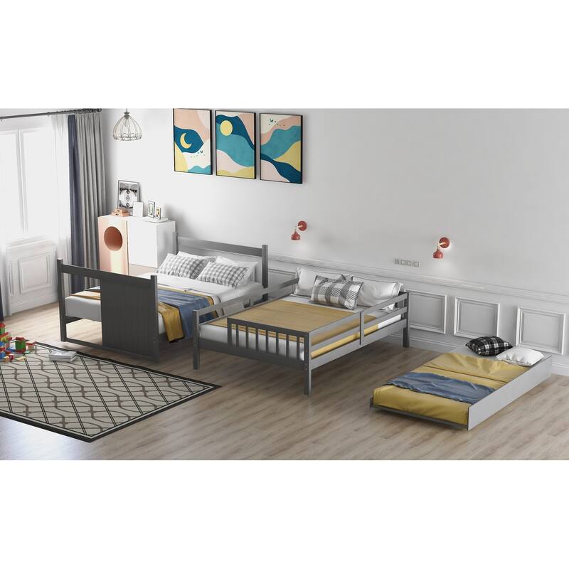 Full over Full Bunk Bed with Twin Trundle, Gray, Storage Drawers, Solid Pine Frame