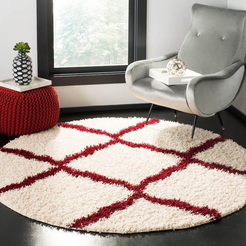 SAFAVIEH Dallas Shag Giusy Trellis 1.5-inch Thick Rug - 4' x 4' Round - Ivory/Red