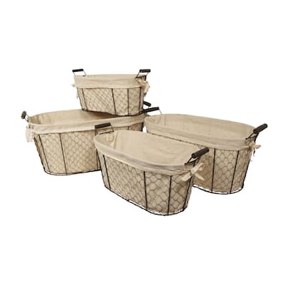 Set of 4 Brown and Beige Lined Traditional Baskets with Handles 20.5"