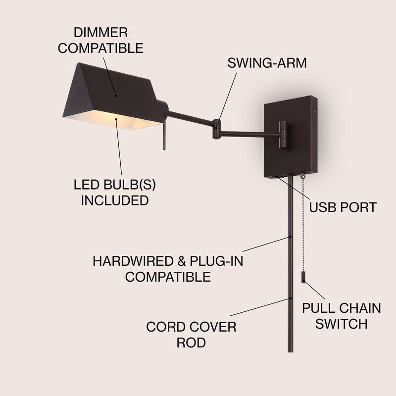 Curtis Farmhouse Swing Arm Plug-In or Hardwired Iron LED Wall Sconce with Pull-Chain with USB Charging Port, by JONATHAN Y