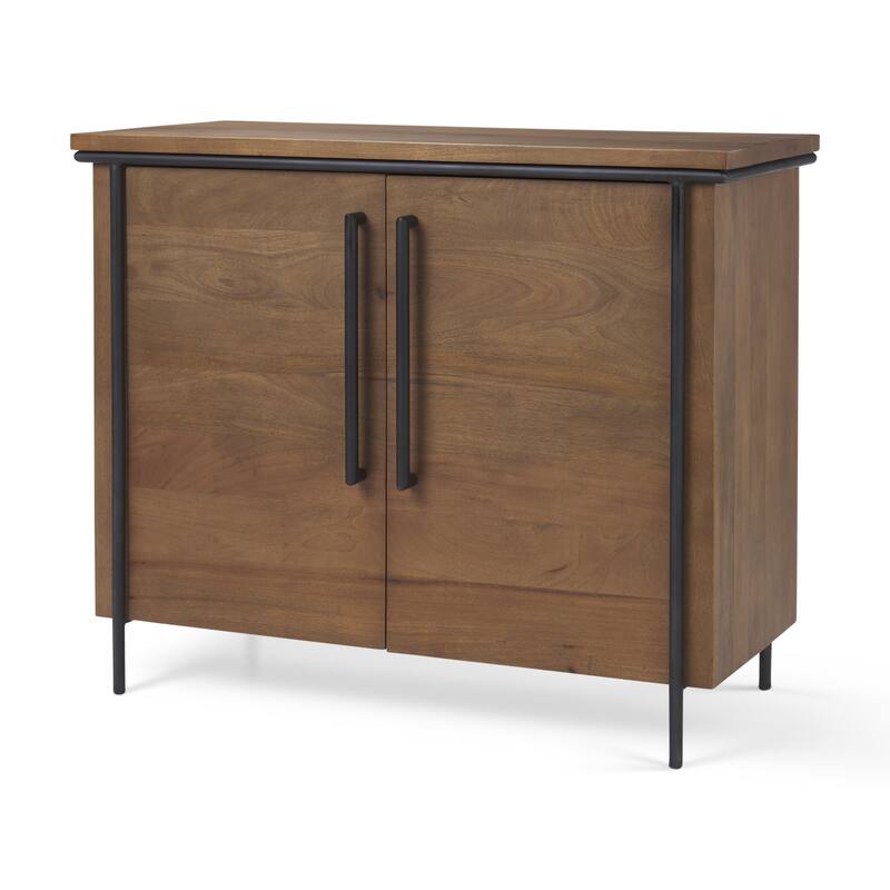 HomeRoots 40" Brown and Black Solid Wood and Metal Accent Cabinet With Two Doors
