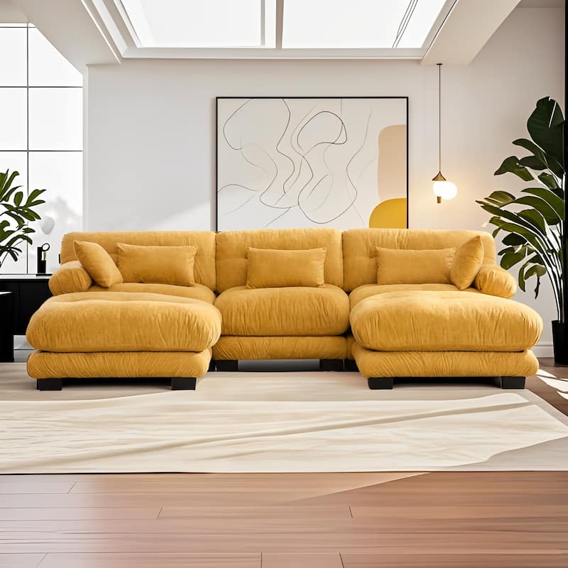 HOMEFUN Velvet Upholstered Oversized U-shaped Tufted Free Combined Sectional Sofa with Bolster Armrest Pillows - Yellow
