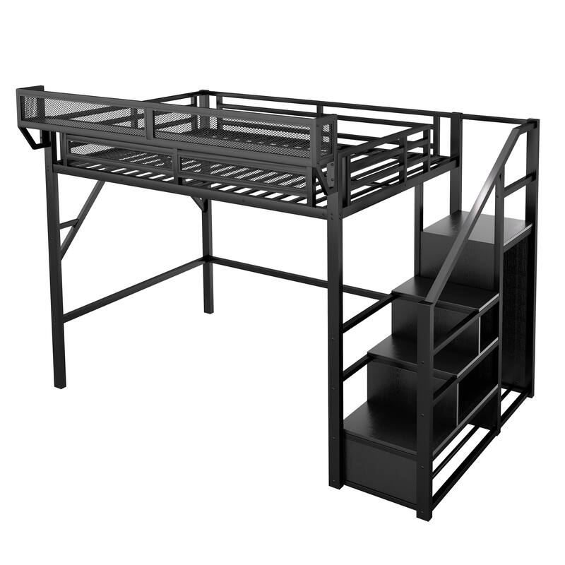 Full Size Loft Bed with Stairs, Metal Full Loft Bed with Storage Shelves, High Loft Bed with Wardrobe for Kids Teens