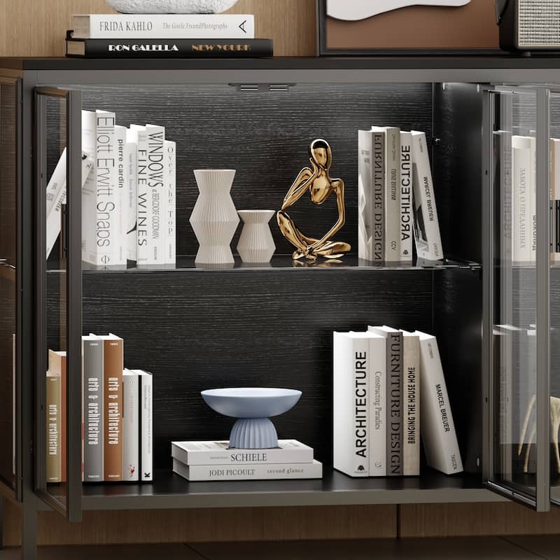 Modern Black Glass Storage and Display Cabinet: Adjustable Lighting, Ample Storage & Stylish Design