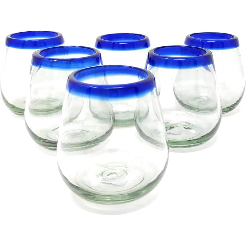 Hand Blown Mexican Stemless Wine Glasses - Set of 6 Glasses with Cobalt Blue Rims (15 oz)