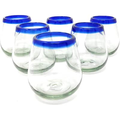 Hand Blown Mexican Stemless Wine Glasses - Set of 6 Glasses with Cobalt Blue Rims (15 oz)