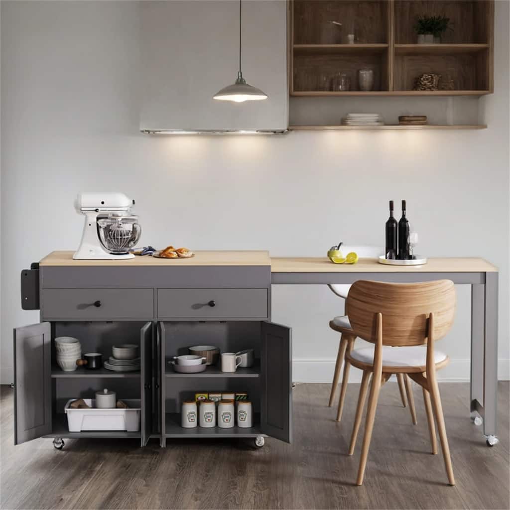 74.5" Rolling Kitchen Island w/ Extendable Top,Spice Rack and Drawers