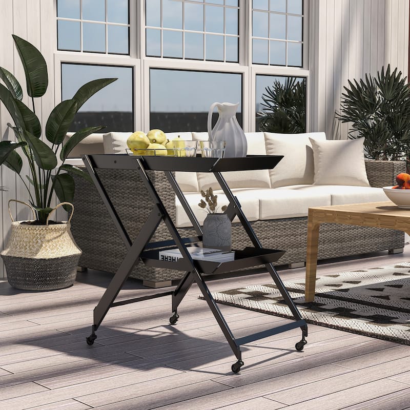 Zonnie Contemporary Steel 2-Shelf Folding Server Cart with Wheeled Base by Furniture of America - Black
