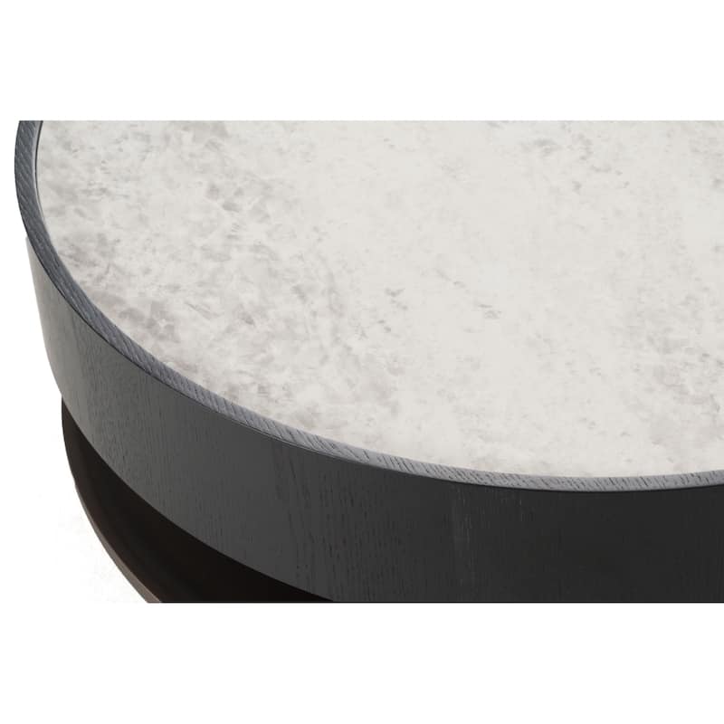 Cid Mauj Coffee Table, 37 Inch White Ceramic Top, Black Oak Veneer Body