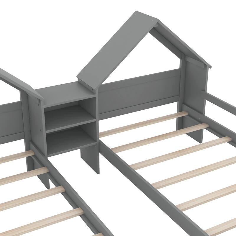 Double Twin Size Platform Bed, Wooden Shared Double Twin Beds Frame with House Shaped Headboard and a Built In Nightstand
