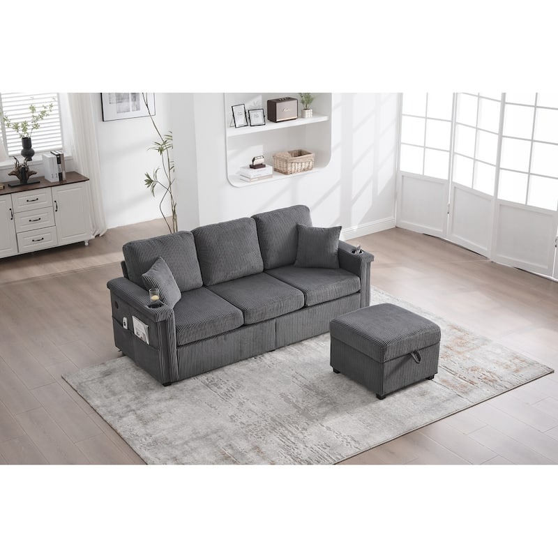 L-Shaped Sectional Sofa with Pull-Out Storage,Ottoman & Pillows 3-Seat with USB Charging,Cup Holder, Convertible Design