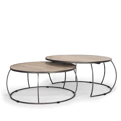 Clapp Round Light Brown W/ White Wash Wood and Silver Metal Nesting Coffee Tables (Set of 2) - 41.3L x 41.3W x 19.8H