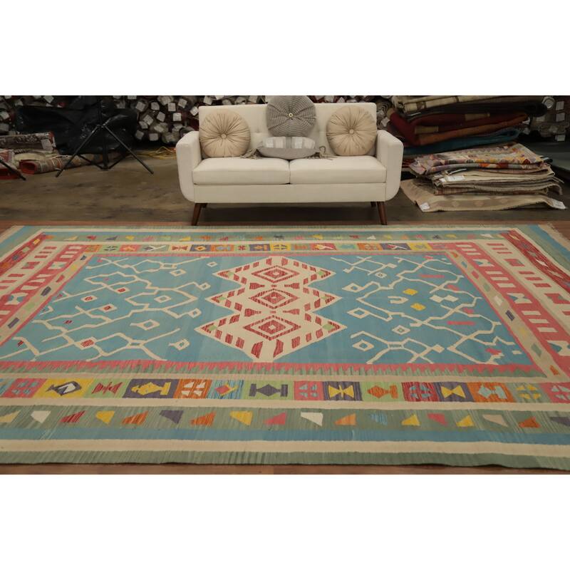 Hand Woven Oriental 100% Wool Carpet Southwestern Tribal Navy Blue & Blues Kilim Area Rug - 12' 11'' X 9' 8''