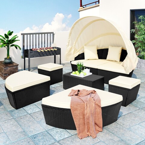 Round Sectional Sofa Set Outdoor Rattan Daybed Sunbed with Canopy