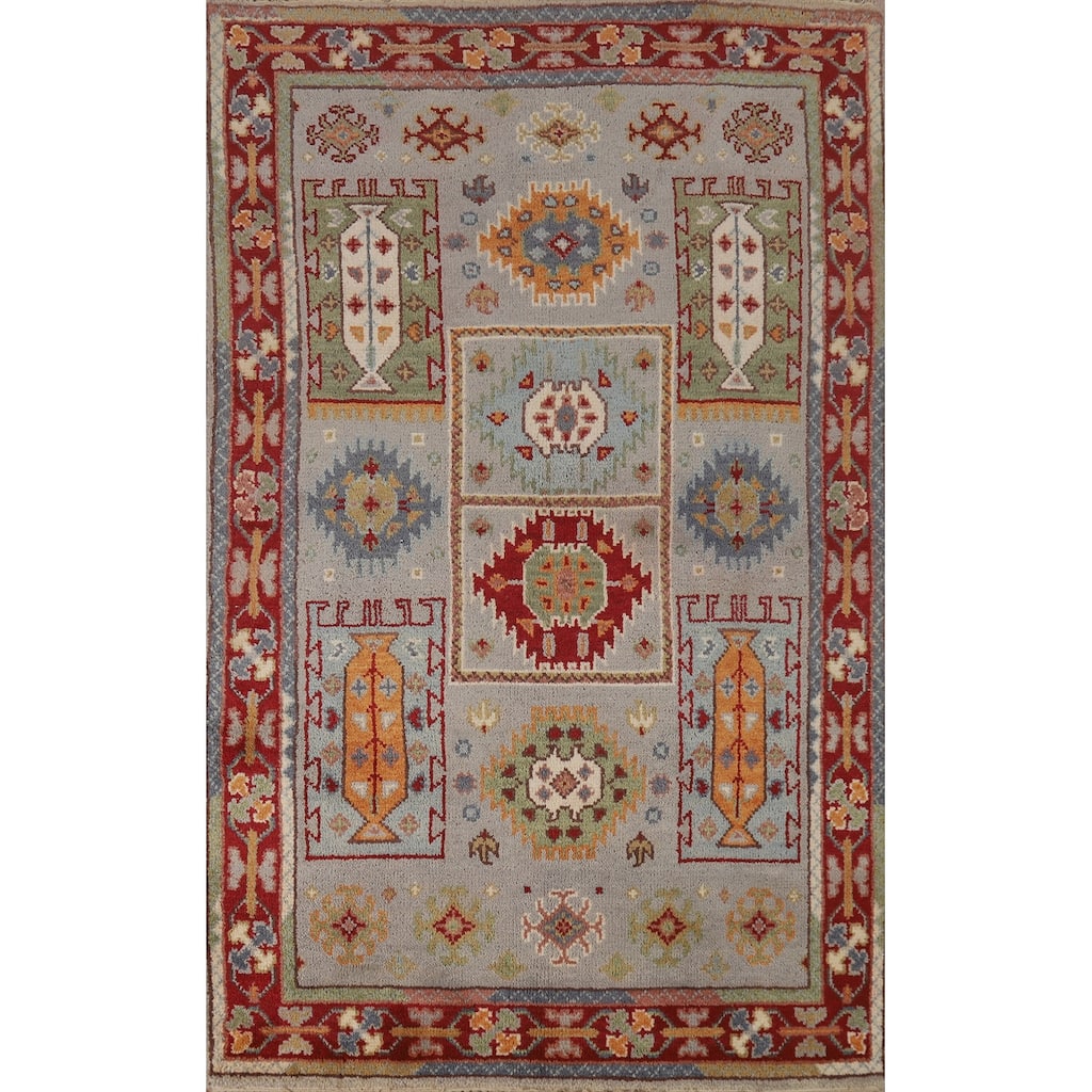 Hand Knotted Oriental 100% Wool Carpet Traditional Geometric Greys & Charcoal Heriz (serapi) Area Rug - 5' 8'' X 3' 9''