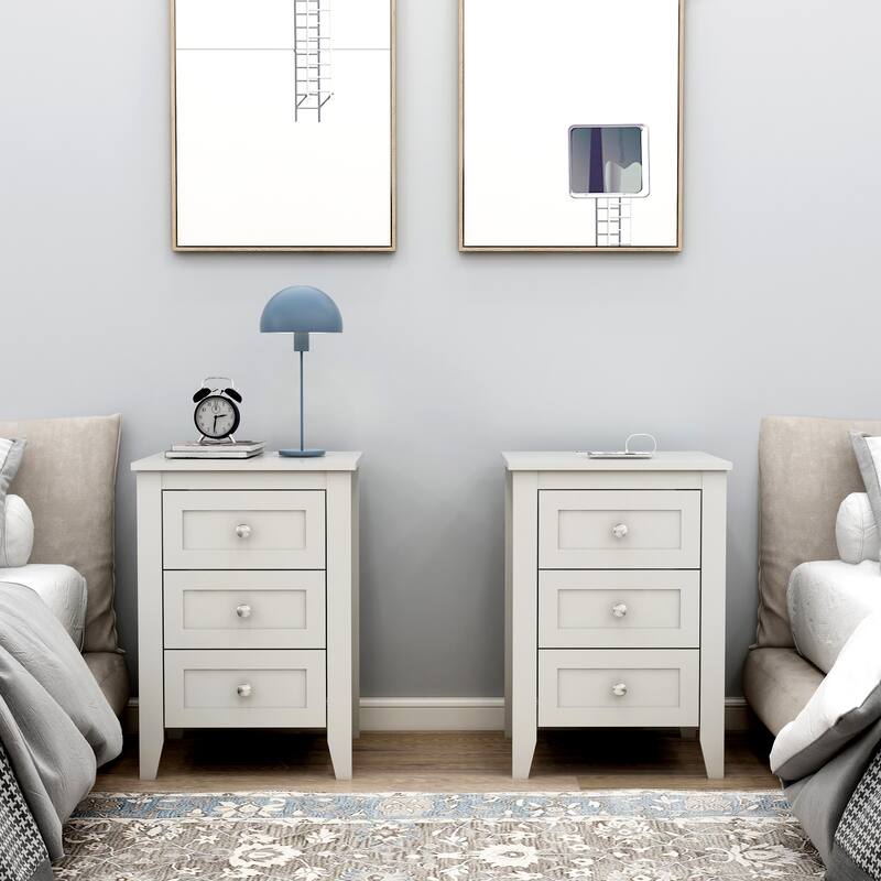 Set Of 2 Pcs 3 Drawer Nightstand With Charging Station And Usb Ports & Power Outlets