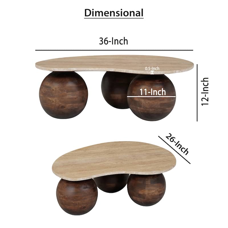 Resh Accent Coffee Table, Curved Natural Travertine Top, Round 3 Balls Wood Base