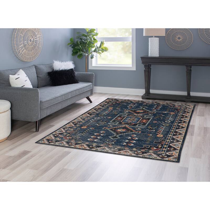 Larson Machine Washable Teal & Ivory Area Rug
