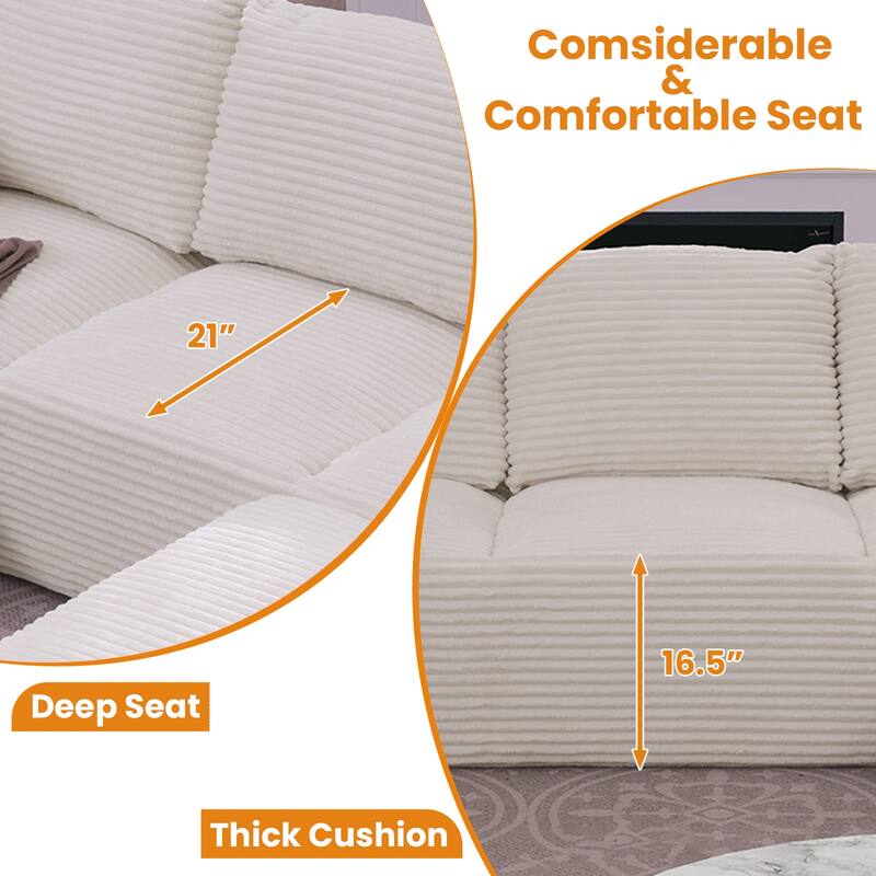 Modular Sectional Sofa with L-Shape Chaise Lounge, Oversized Corduroy Upholstered Cloud Sofa, Deep Seat Sofa with Pillow - Off White