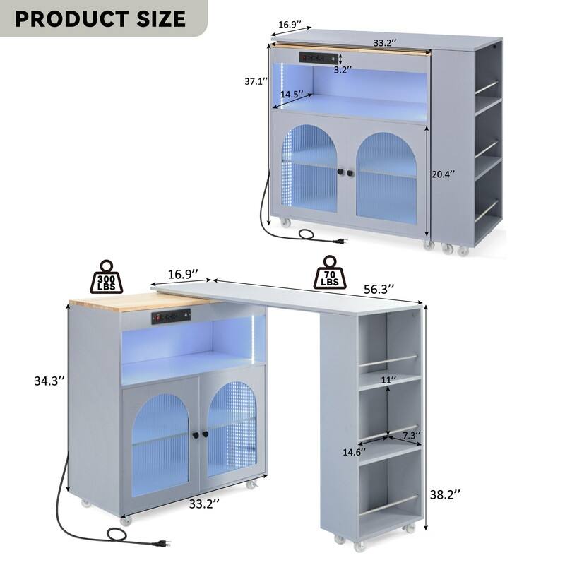 Kitchen Cart with Movable Extended Table,Kitchen Island on Wheels with Power Outlets,2 Fluted Glass Doors,3 Open Shelves