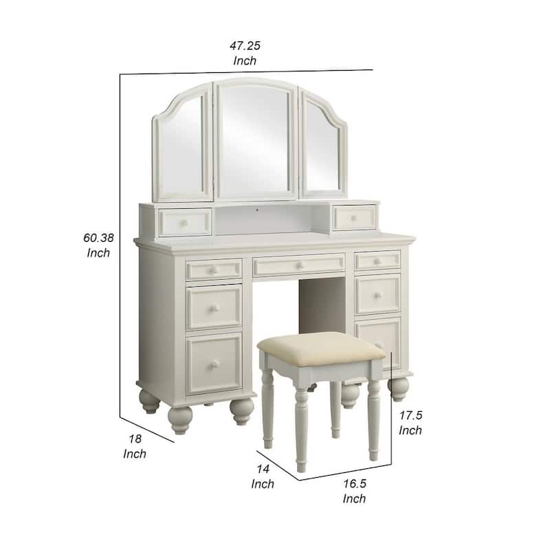 Cael 60 Inch Vanity Desk with Stool, Drawers, 3 Sided Mirror, White Wood