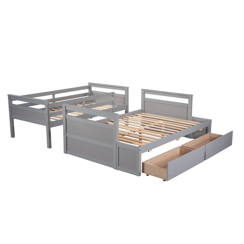 Twin over Full Bunk Bed with Storage in Gray, Space-Saving Design with Drawers