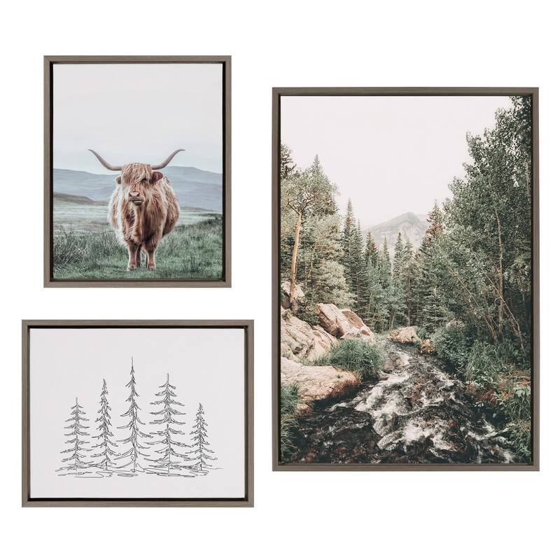 Kate and Laurel Sylvie Landscape Framed Canvas Set by Various Artists - 3 Piece - Plastic - Grey
