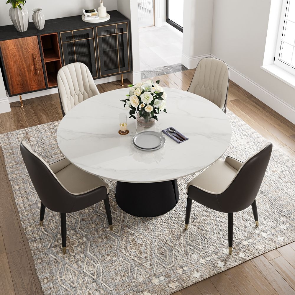 Modern Round White Dining Table，Sintered Stone Tabletop, Solid Black Carbon Steel Base