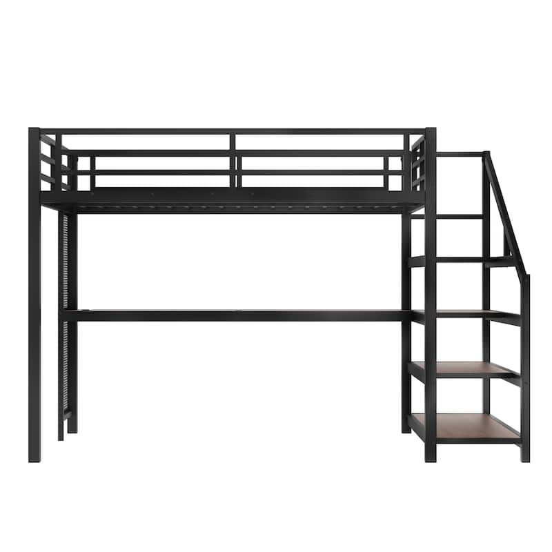 Full Loft Bed with Desk and Storage Stairs, Metal Loft Beds with LED Lights, USB Ports, Multifunctional Iron Nets