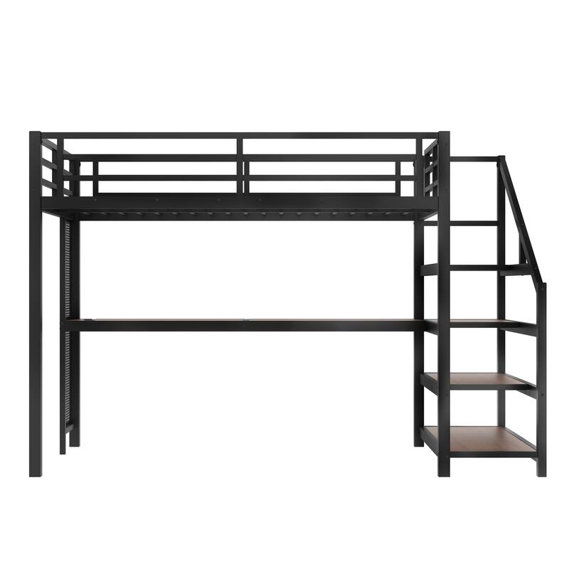 Space-Saving Full Size Loft Bed for Bedroom or Dorm with Desk, Storage Stairs, LED Lights, Charging Station and Net Board