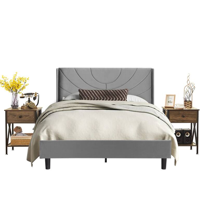 VECELO Bedroom Sets 3-pieces Bedroom Set with Height Adjustable Upholstered Bed and Nightstands Set of 2