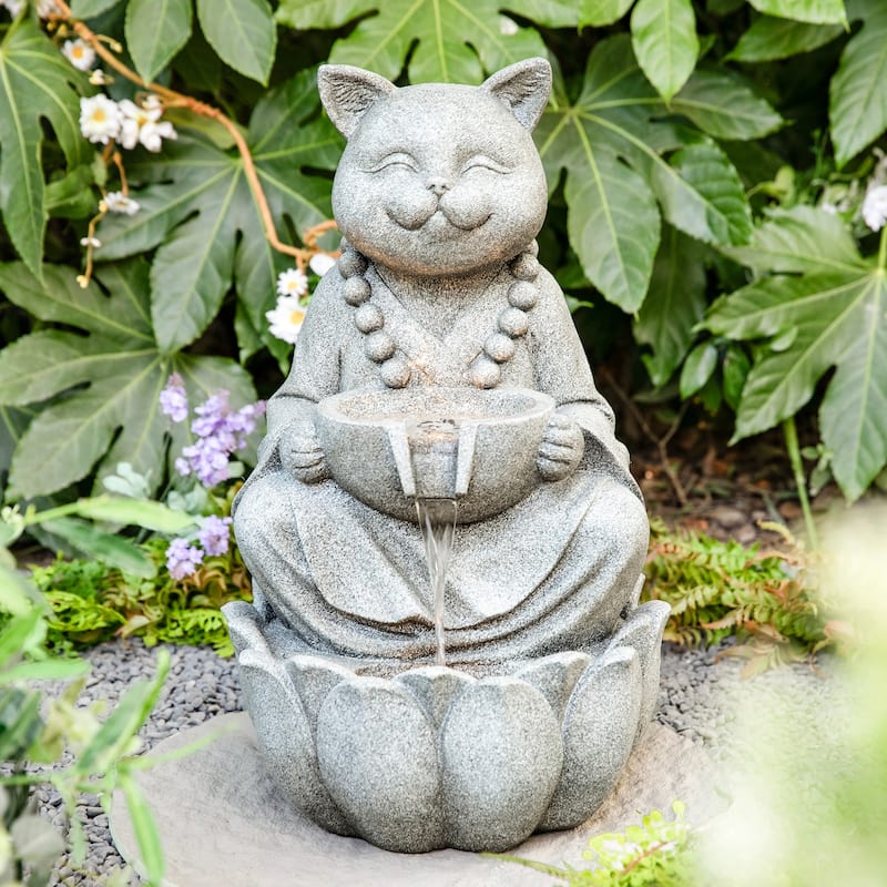 Glitzhome 21.75"H 2-Tiered Zen-Style Polyresin Cat Dog Statue Outdoor Fountain with LED Lights