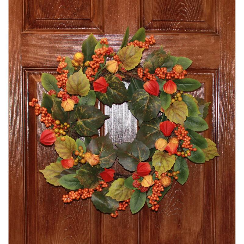 24" Green Leaves & Lantern Fall Wreath