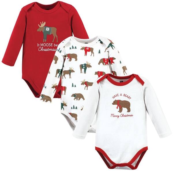 slide 1 of 1, Hudson Baby Cotton Long-Sleeve Bodysuits, Moose Be Christmas 0-3 Months - Moose Be Christmas